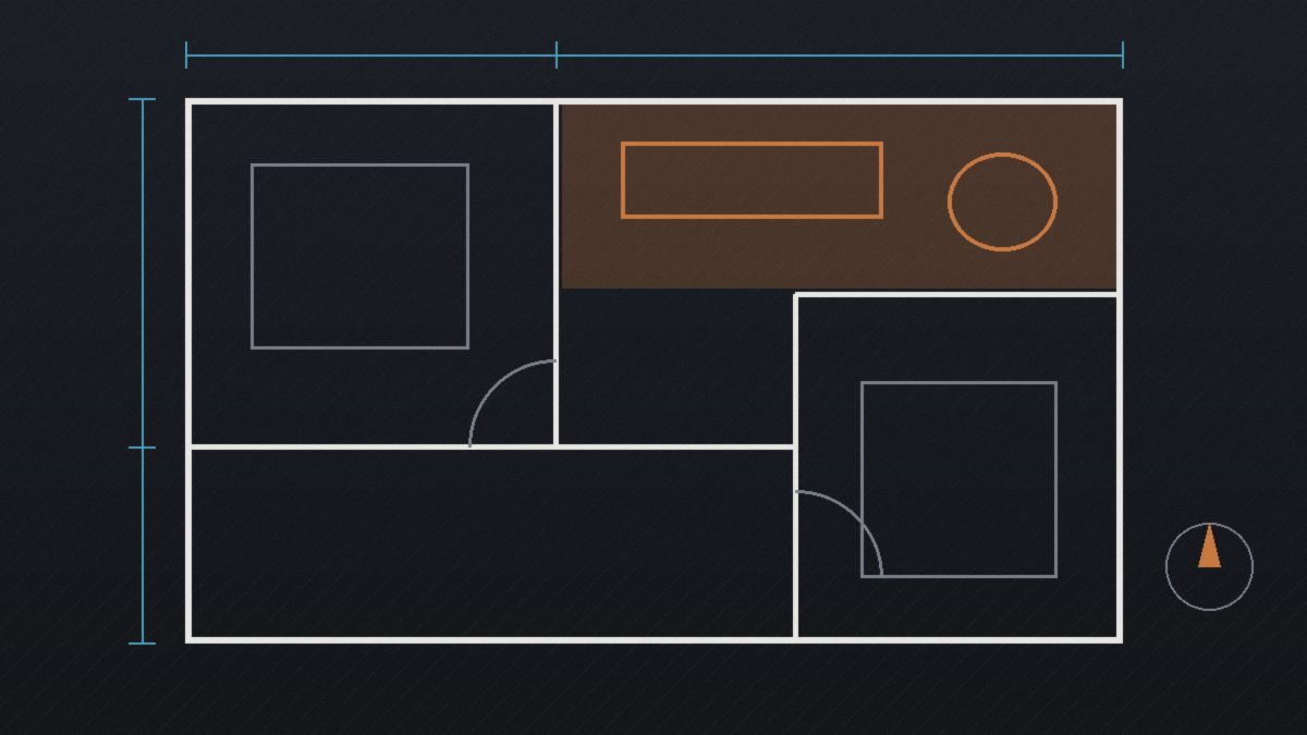 Apartment floor plan with the living area highlighted